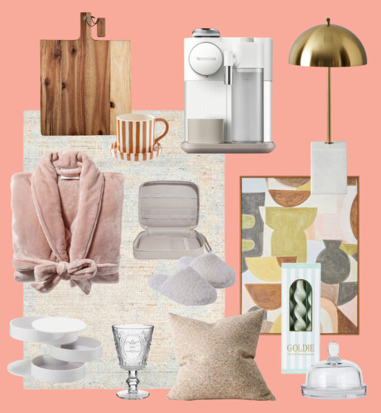 Mother's Day gift guide, chopping board, coffee mug, pink fluffy robe, slippers, jewellery storage, goblet, cushion, table lamp, wall art, rug, candles
