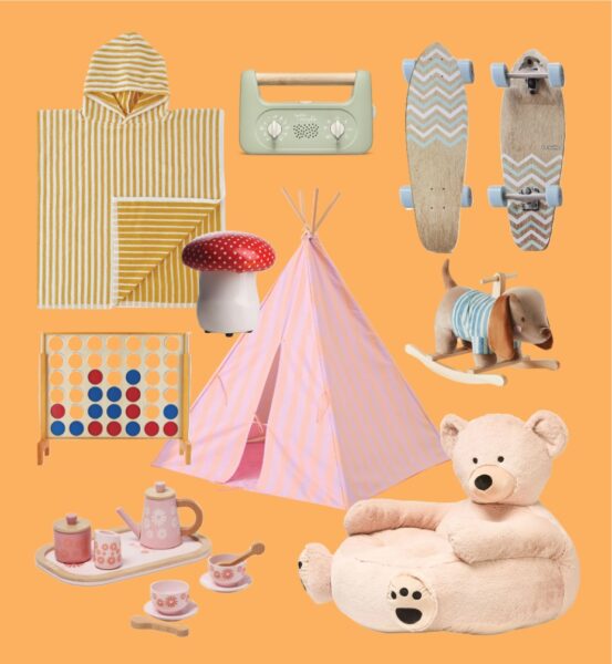 Adairs Bertie Bear Cuddle Chair $79.99, Adairs Kids Let's Play Tea Set $59.99, Adairs Kids Stripe Teepee $109.99, Bed Bath N' Table Dash Rocking Toy $149.95, Bed Bath N' Table Little Finch Striped Hooded Kids Poncho $39.95, Bed Bath N' Table Morgan & Finch Toadstool $49.95, JB Hi-Fi Morphee My Little Morphee Relaxation & Sleep Aid Device for Kids $149.