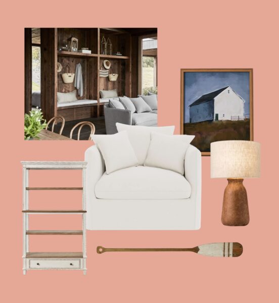 australian modern farmhouse styling, paddle, painting, lamp, occasional chair, bookshelf