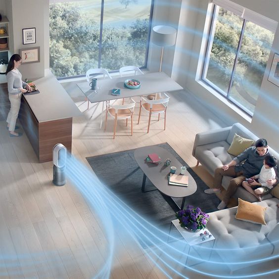 Dyson bladeless fan and heater in a modern living room